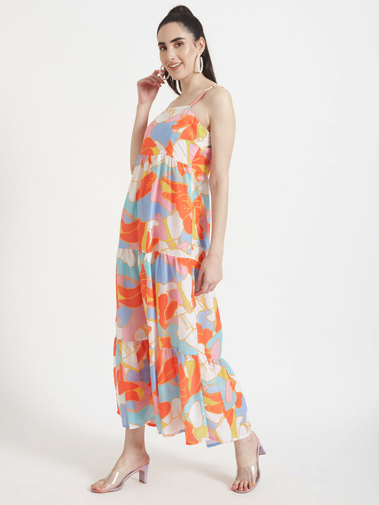 Premium Muslin Digital Print Shoulder Strap Maxi Dress With Slash Pocket