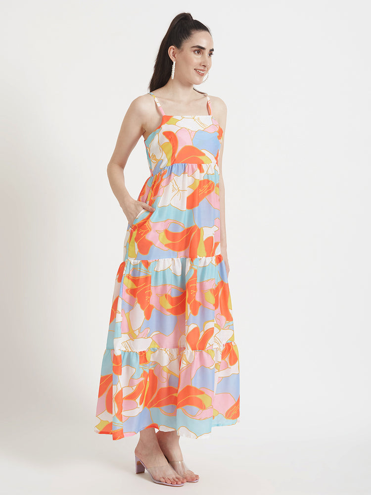 Premium Muslin Digital Print Shoulder Strap Maxi Dress With Slash Pocket
