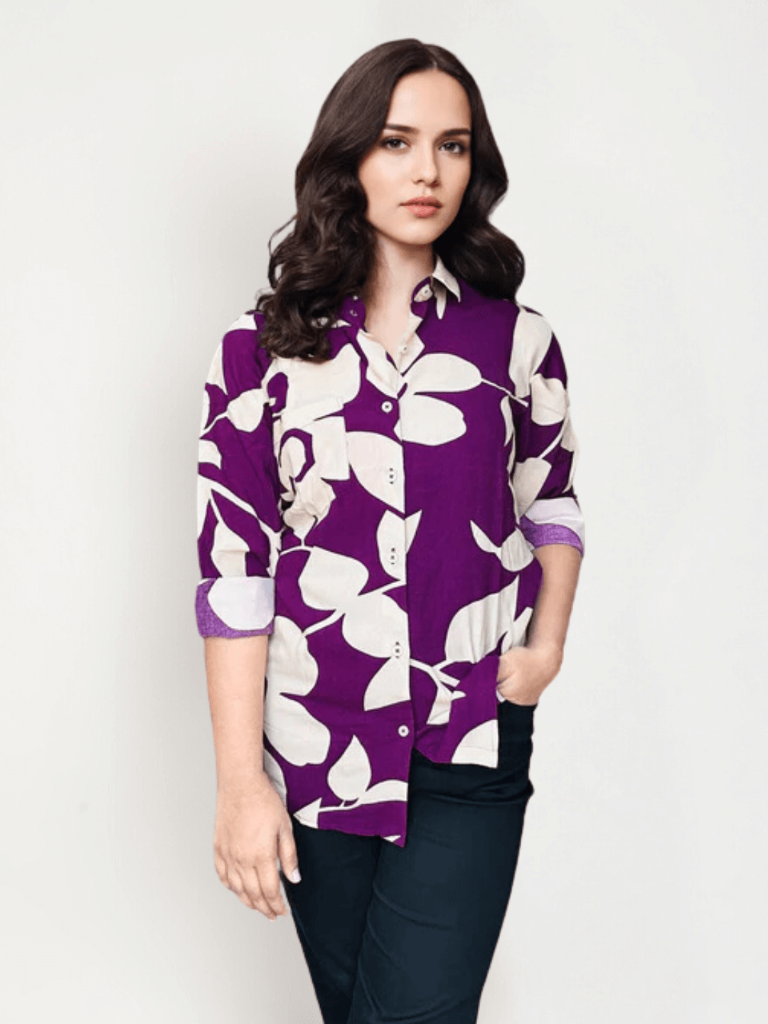 Women's Premium Rayon Shirt With Purple Floral Print