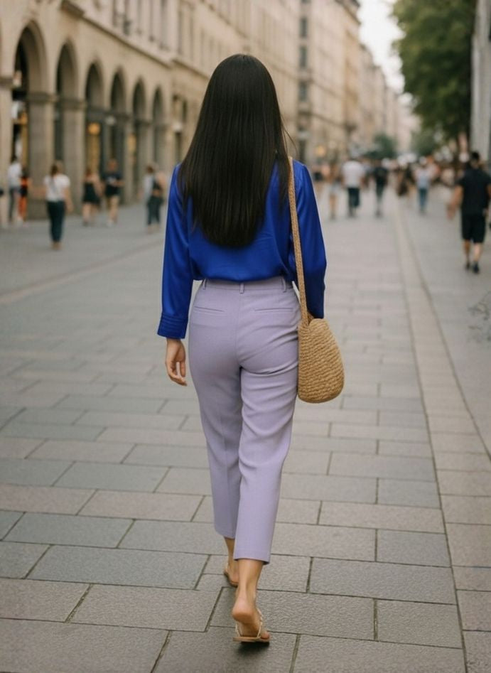 European Satin V Neck Long Sleeve Top