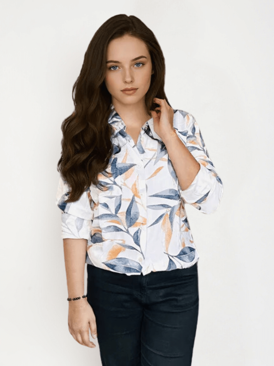 Women's  Premium Rayon Shirt With Blue And Orange Leaf Print