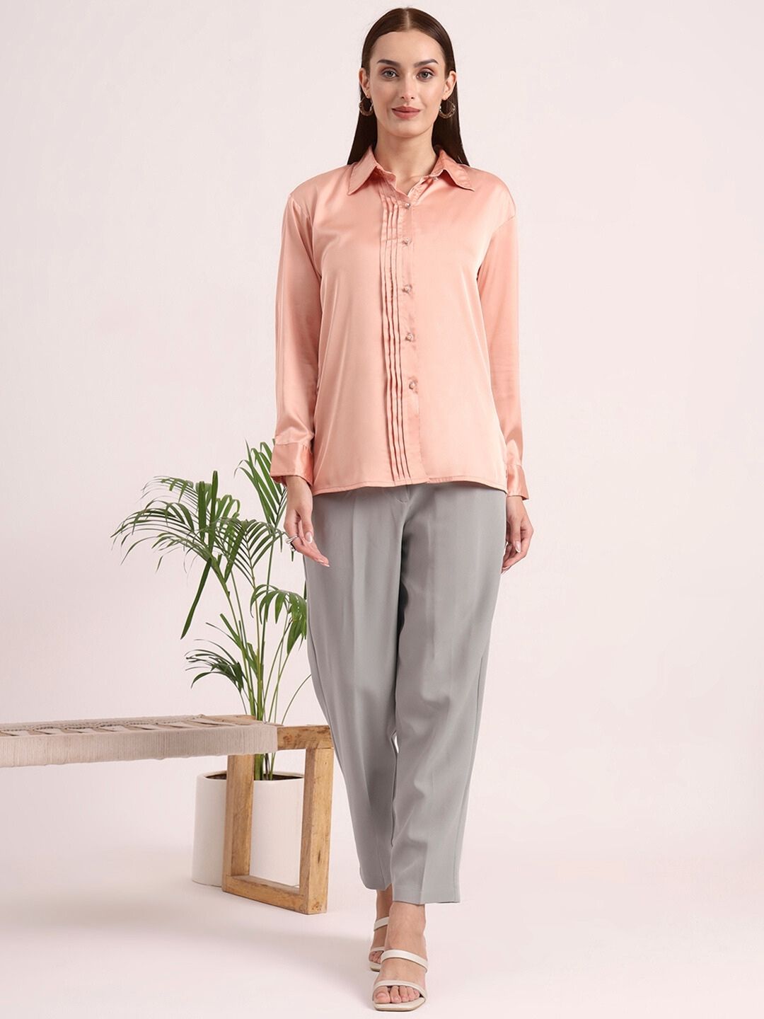 Tailored Fit European Satin Shirt With Pleated Placket