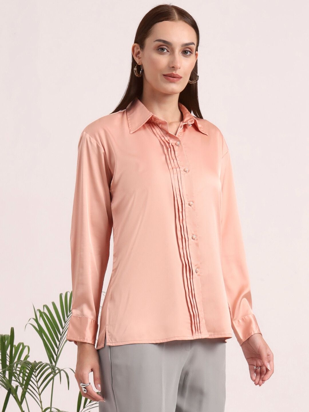 Tailored Fit European Satin Shirt With Pleated Placket
