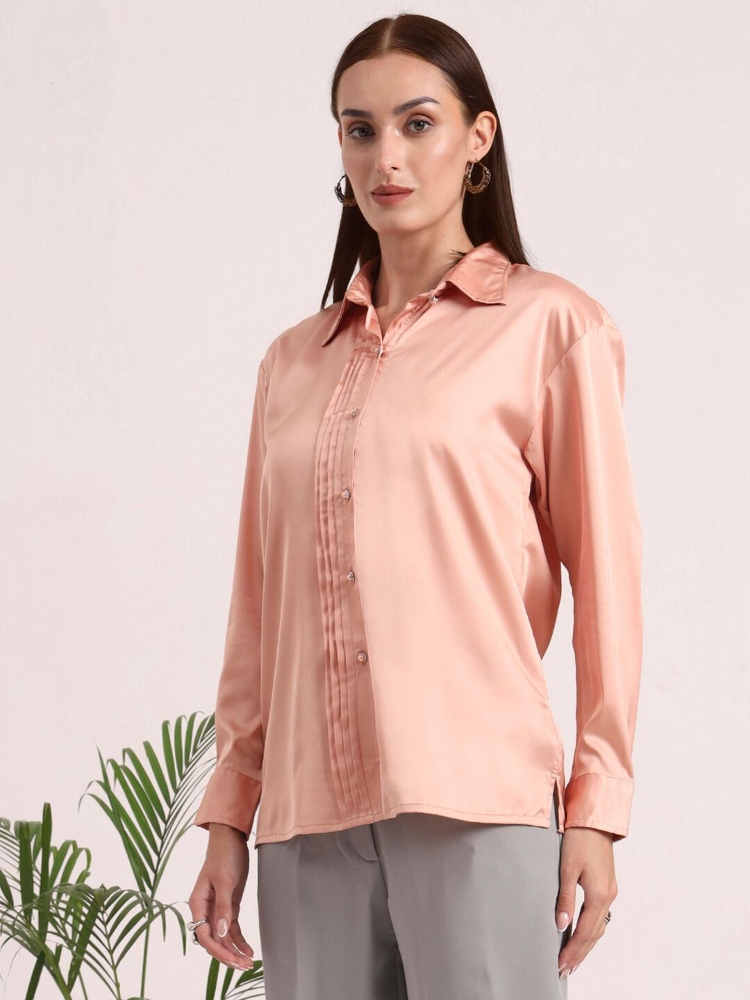 Tailored Fit European Satin Shirt With Pleated Placket
