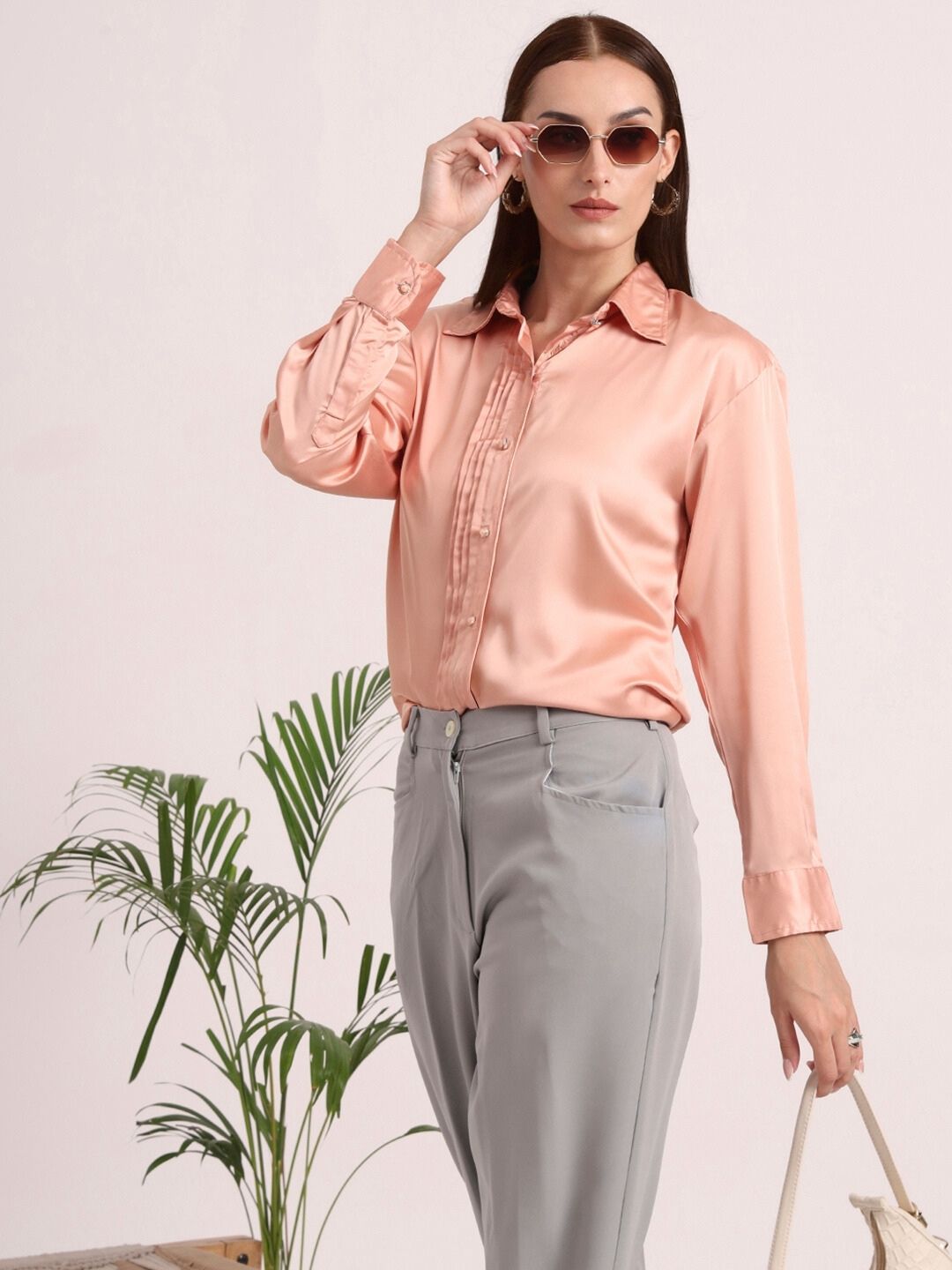 Tailored Fit European Satin Shirt With Pleated Placket