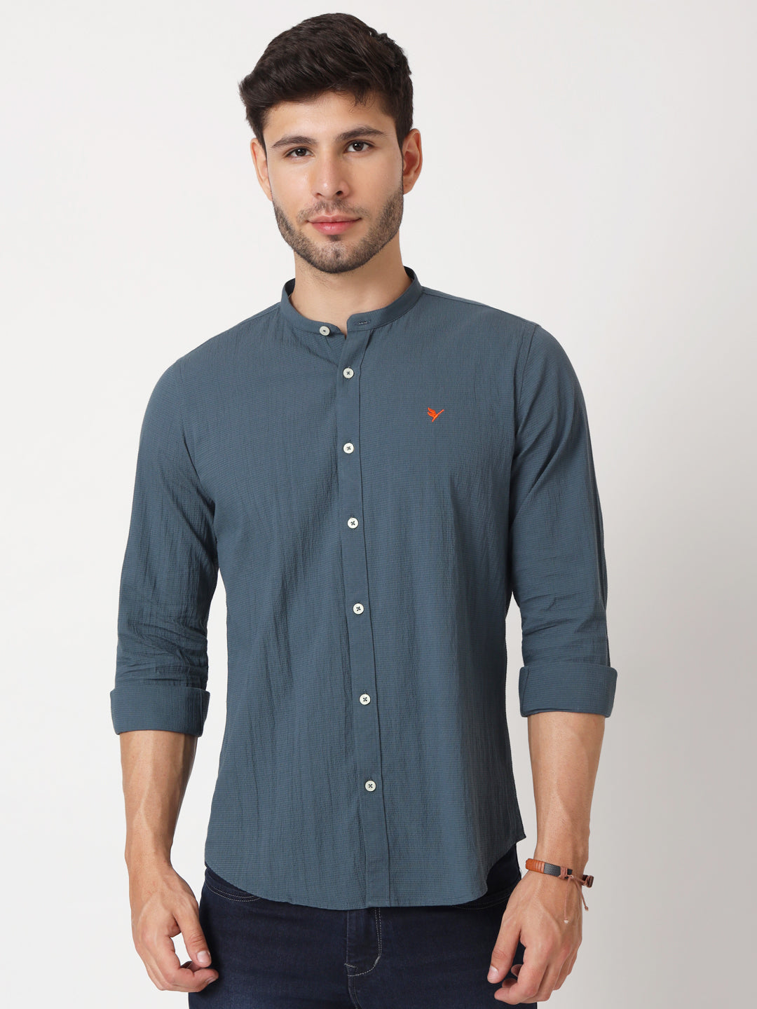 Amswan Premium Men's Blue Crinkle Cotton Shirt - Mandarin Collar, Long Sleeves
