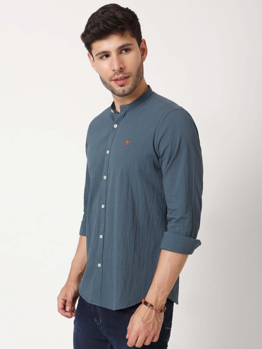 Amswan Premium Men's Blue Crinkle Cotton Shirt - Mandarin Collar, Long Sleeves