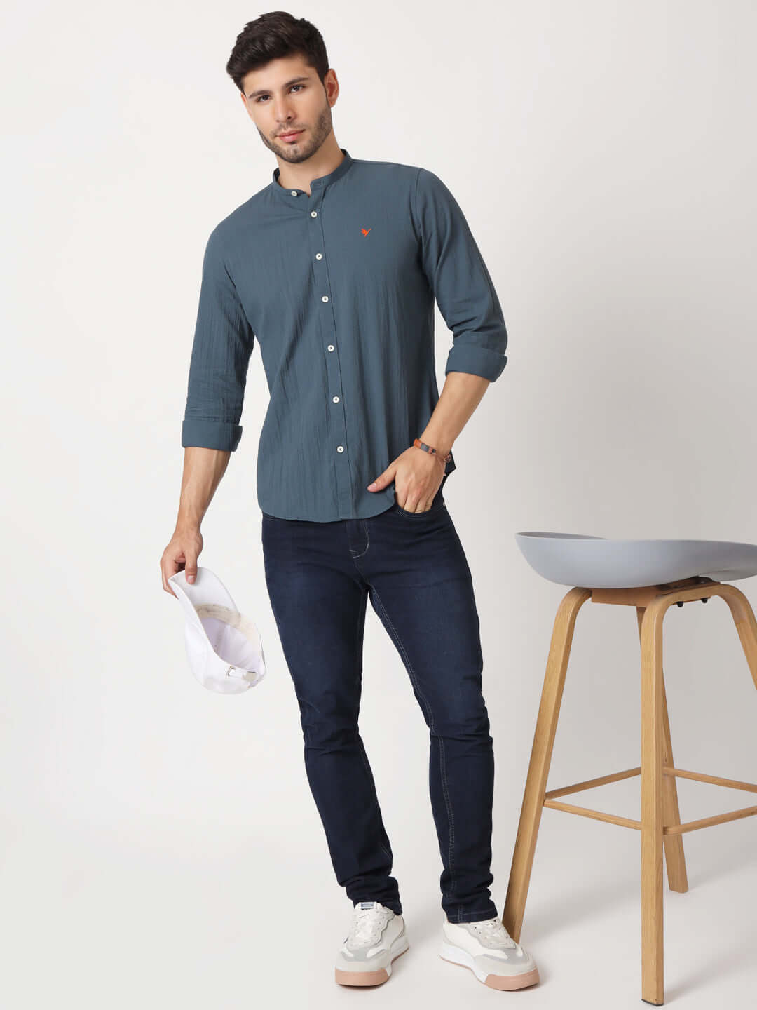Amswan Premium Men's Blue Crinkle Cotton Shirt - Mandarin Collar, Long Sleeves