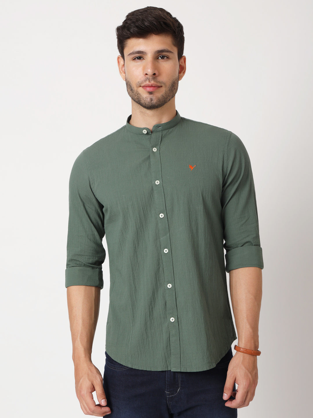 Amswan Premium Men's Green Crinkle Cotton Shirt - Mandarin Collar, Long Sleeves