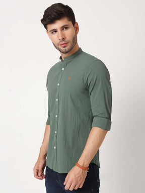 Amswan Premium Men's Green Crinkle Cotton Shirt - Mandarin Collar, Long Sleeves