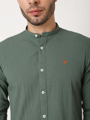 Amswan Premium Men's Green Crinkle Cotton Shirt - Mandarin Collar, Long Sleeves