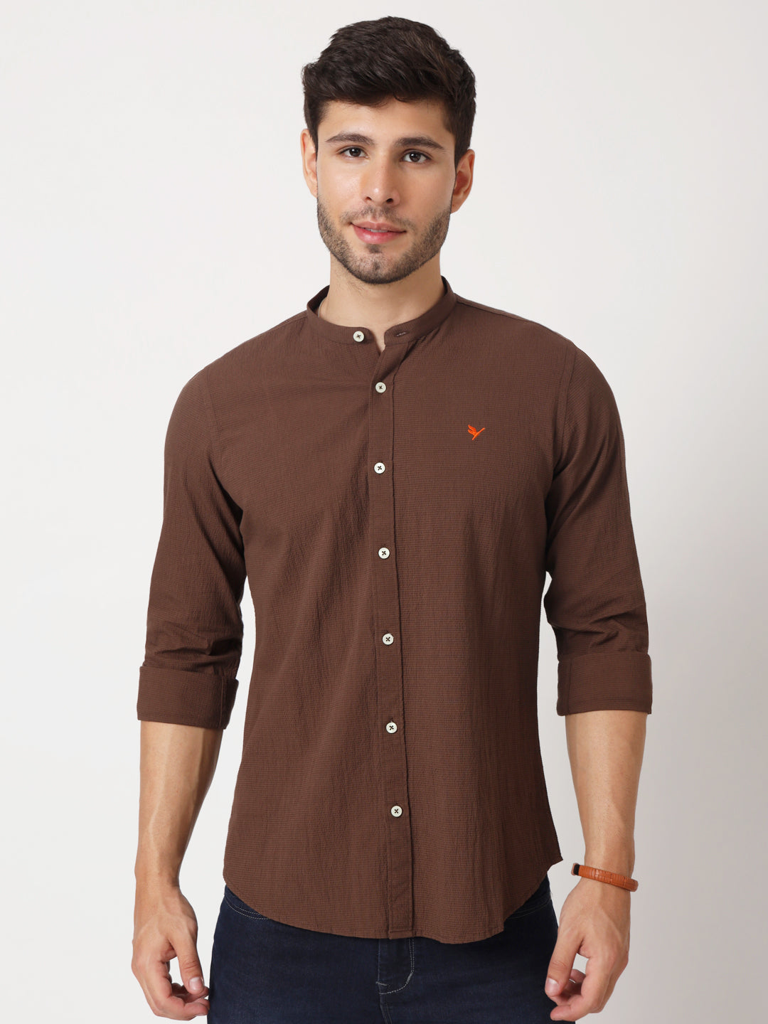 Premium Men's Brown Crinkle Cotton Shirt - Mandarin Collar, Long Sleeves