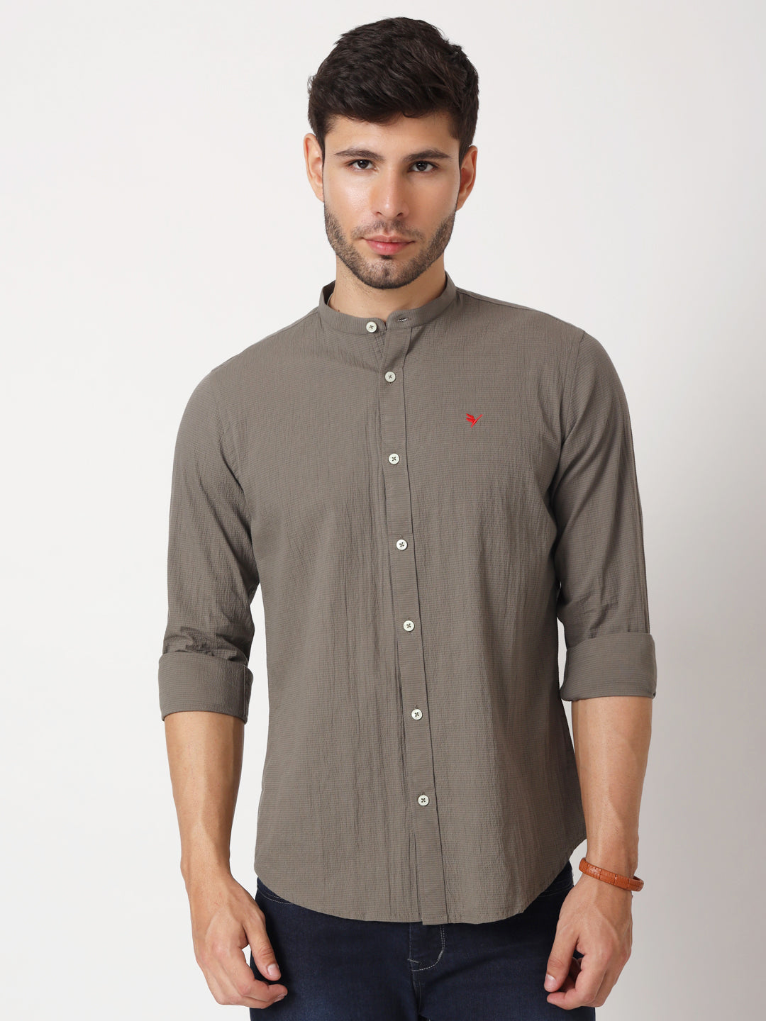 Amswan Premium Men's Grey Crinkle Cotton Shirt - Mandarin Collar, Long Sleeves