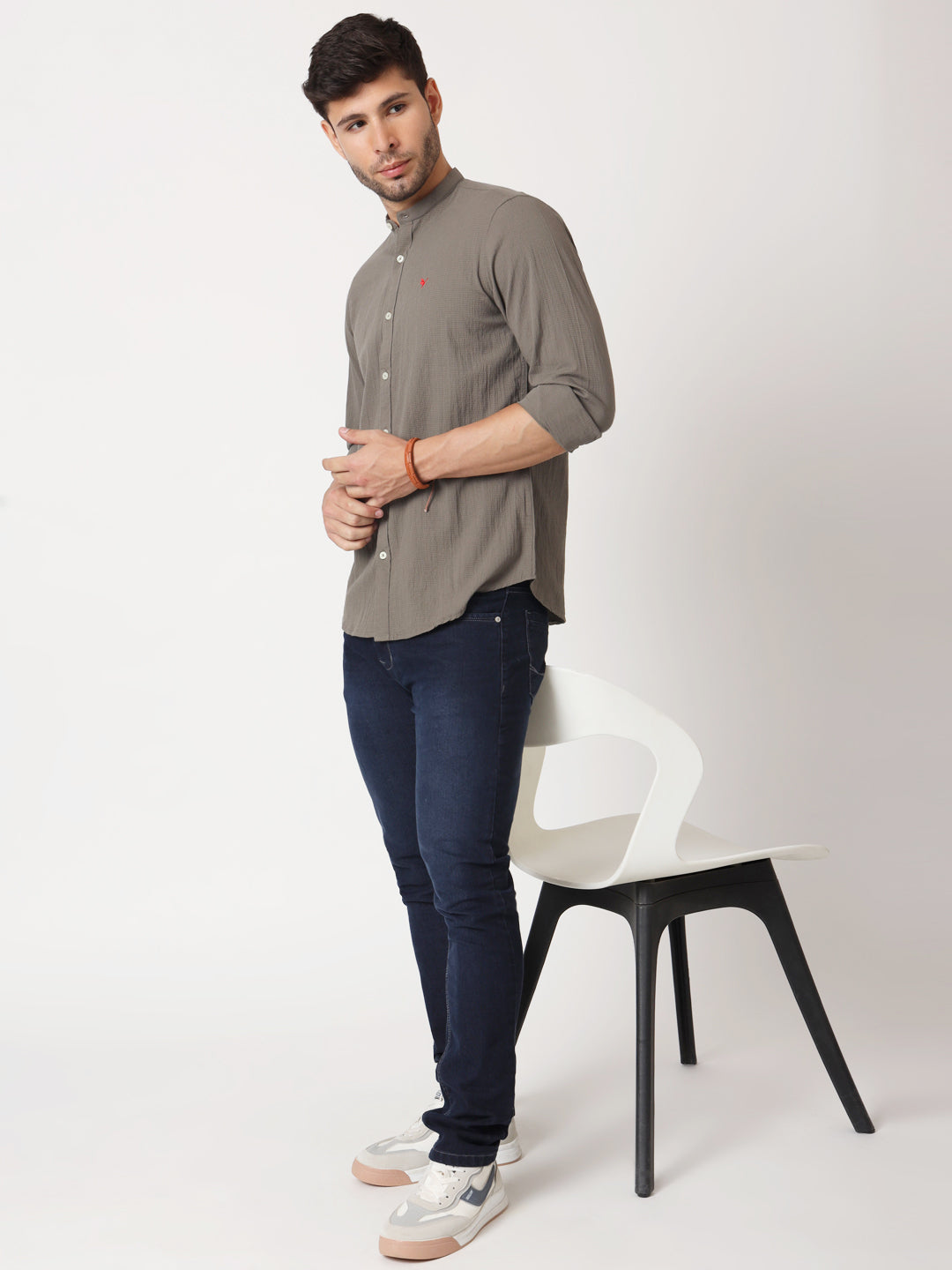 Amswan Premium Men's Grey Crinkle Cotton Shirt - Mandarin Collar, Long Sleeves