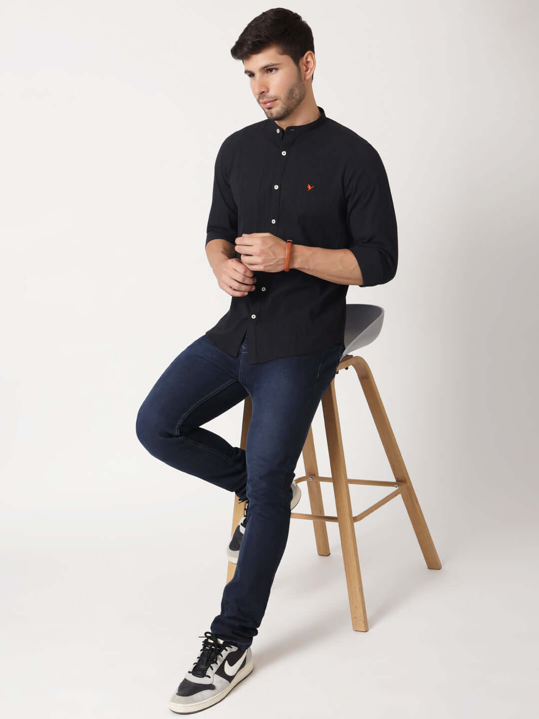Amswan Premium Men's Black Crinkle Cotton Shirt - Mandarin Collar, Long Sleeves