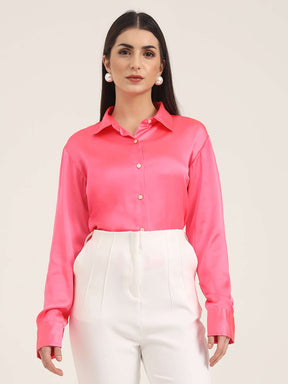 WOMEN'S PREMIUM BALLERINA PINK REGULAR FIT SOLID SATIN SHIRT