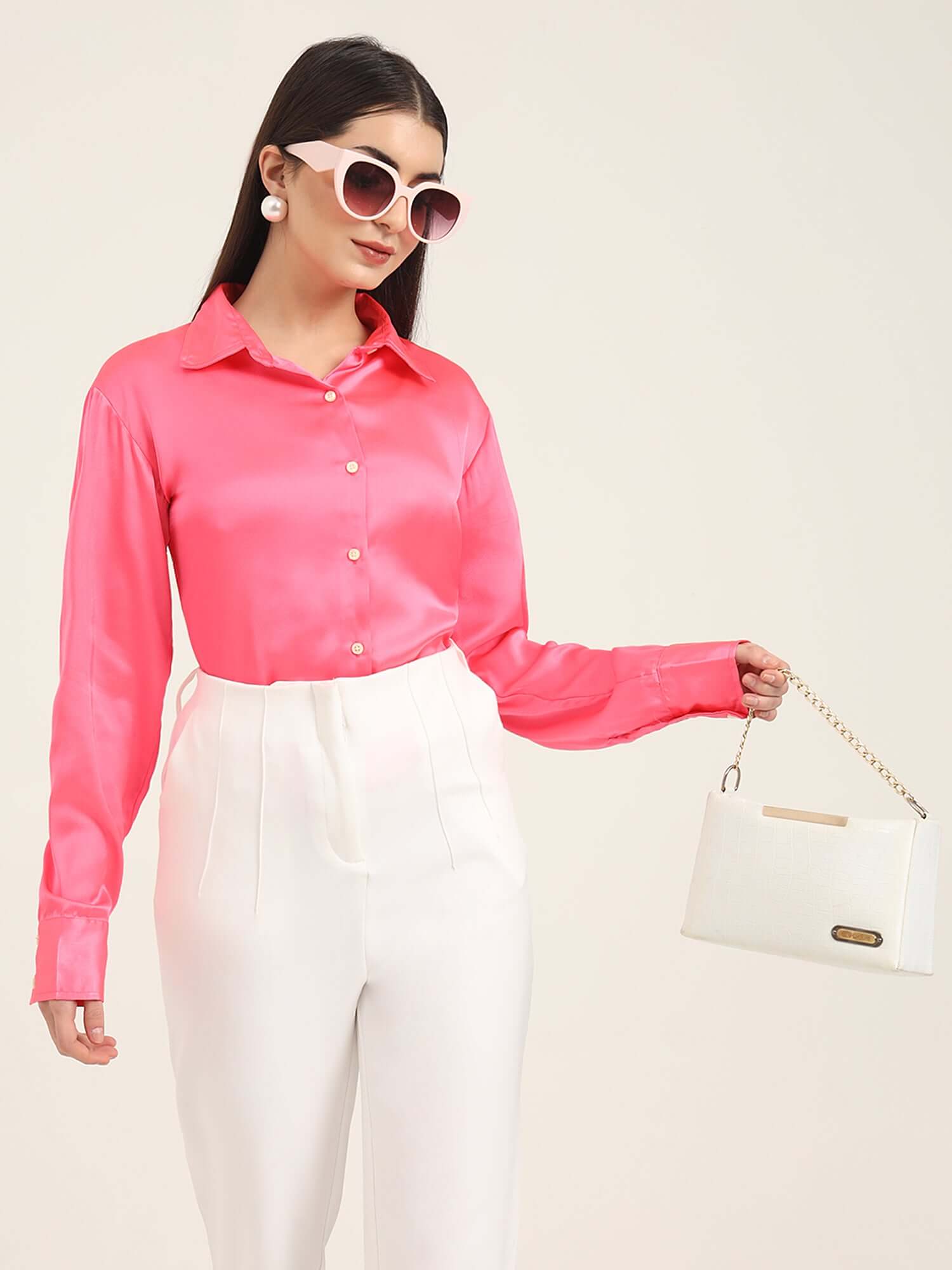 WOMEN'S PREMIUM BALLERINA PINK REGULAR FIT SOLID SATIN SHIRT