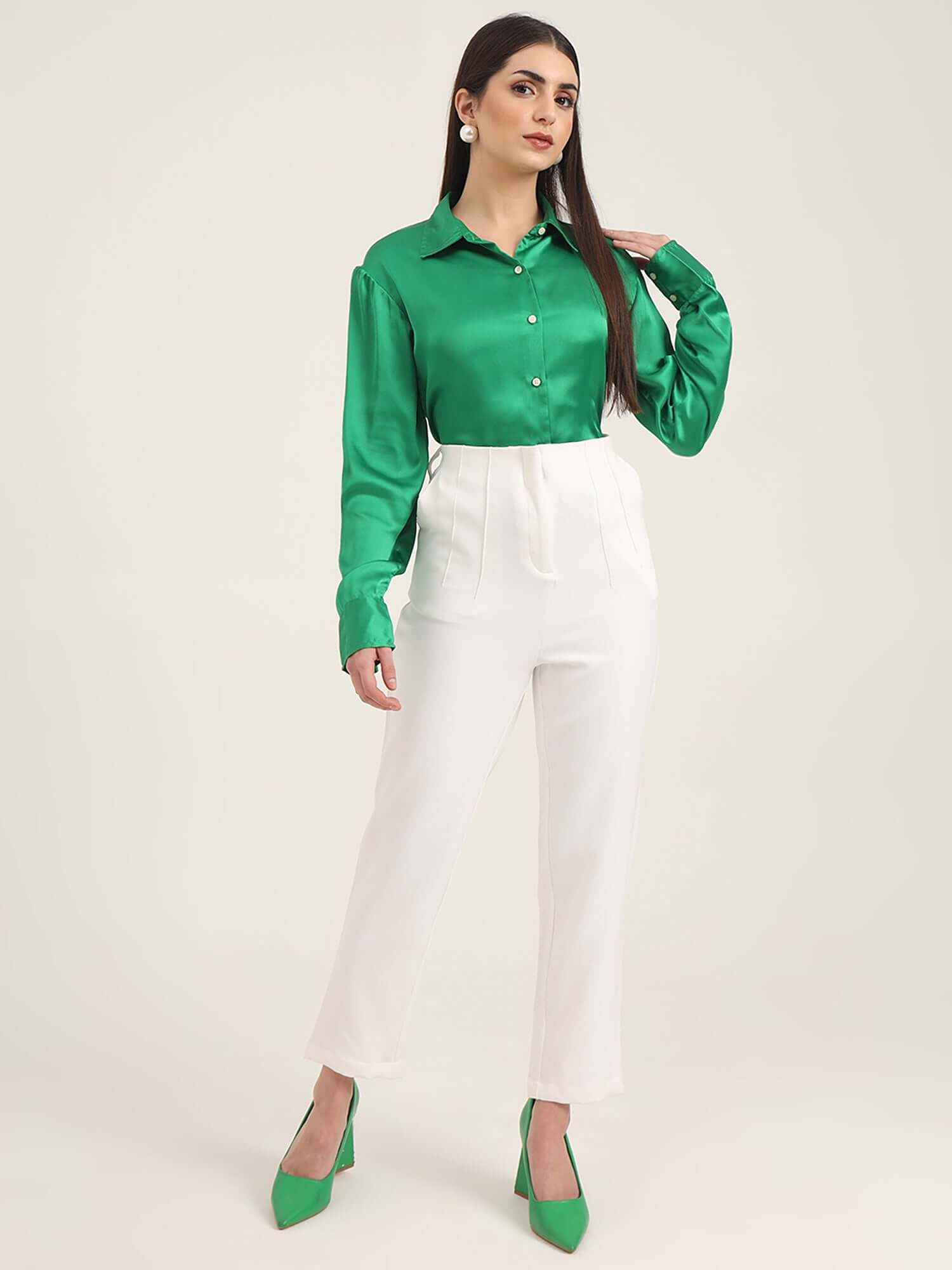 WOMEN'S PREMIUM SHAMROCK GREEN REGULAR FIT SOLID SATIN SHIRT