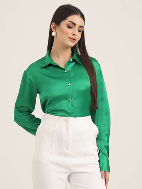 WOMEN'S PREMIUM SHAMROCK GREEN REGULAR FIT SOLID SATIN SHIRT