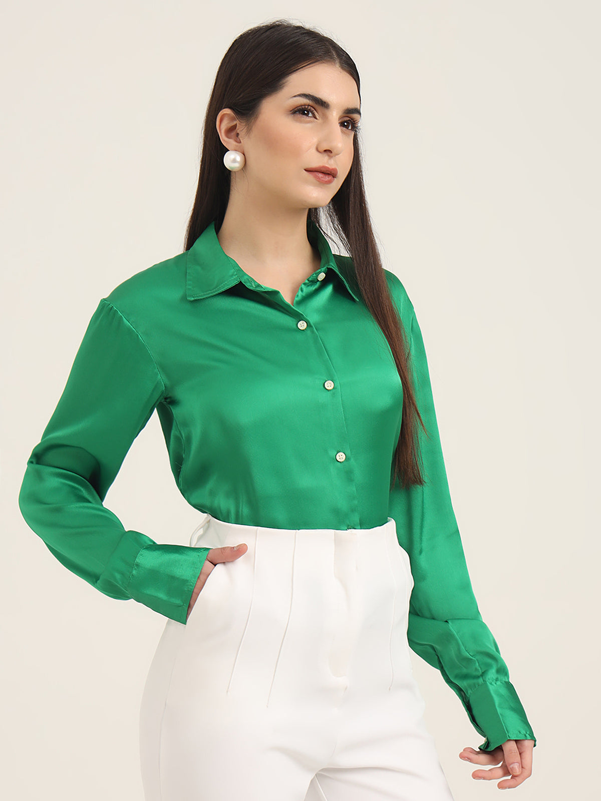 WOMEN'S PREMIUM SHAMROCK GREEN REGULAR FIT SOLID SATIN SHIRT