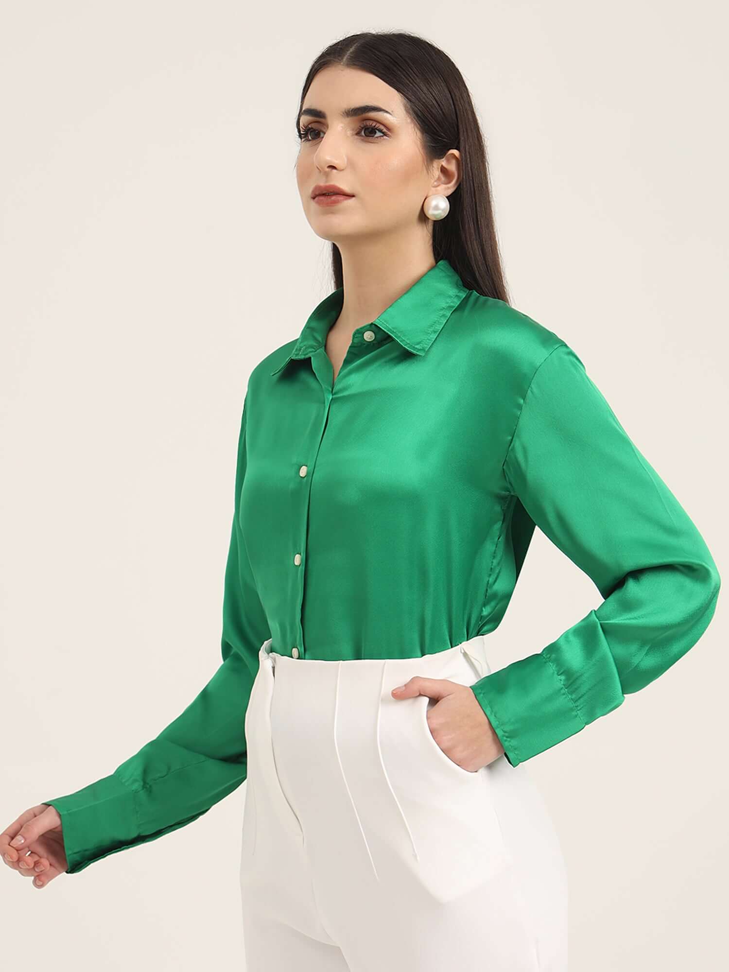 WOMEN'S PREMIUM SHAMROCK GREEN REGULAR FIT SOLID SATIN SHIRT