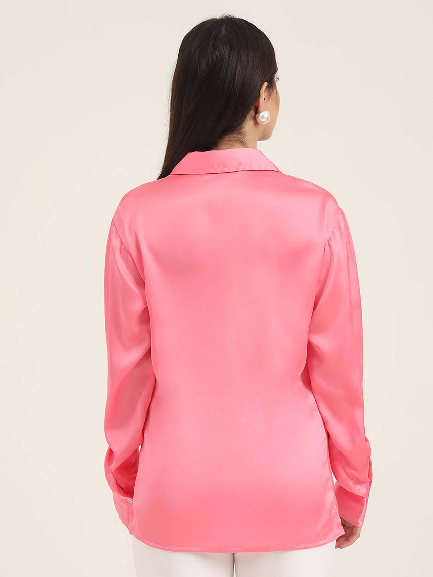 WOMEN'S PREMIUM BUBBLEGUM PINK REGULAR FIT SOLID SATIN SHIRT