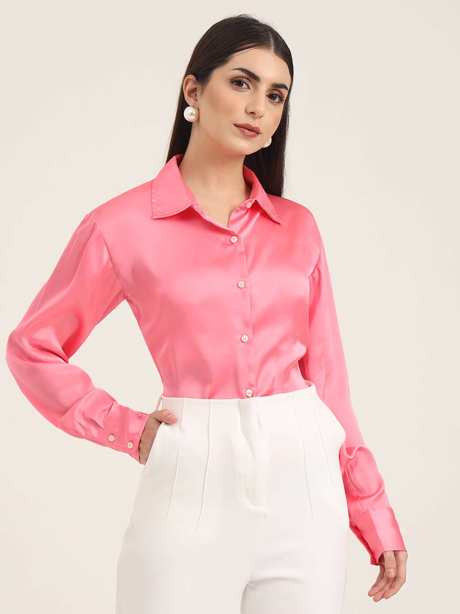 WOMEN'S PREMIUM BUBBLEGUM PINK REGULAR FIT SOLID SATIN SHIRT