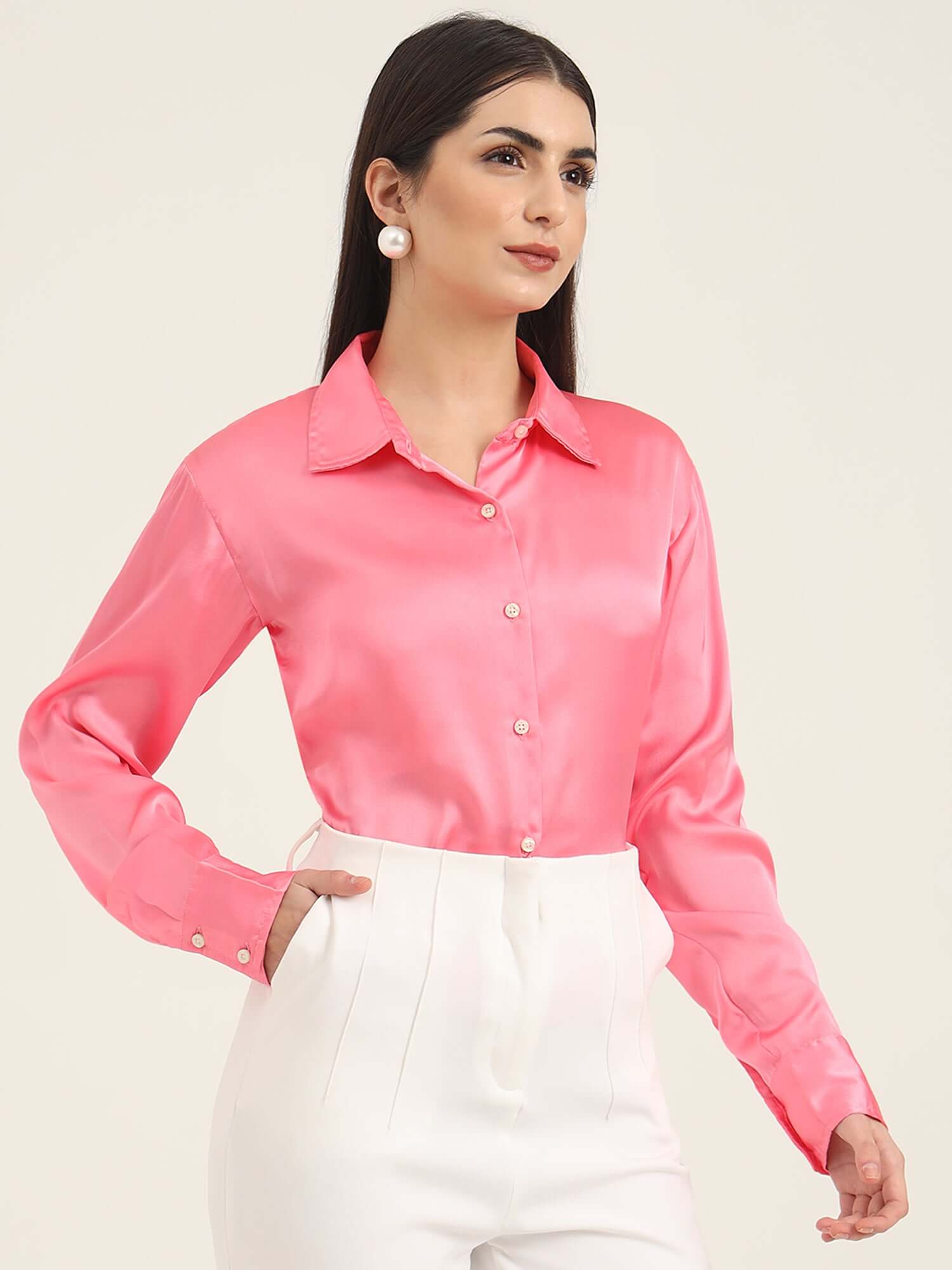 WOMEN'S PREMIUM BUBBLEGUM PINK REGULAR FIT SOLID SATIN SHIRT