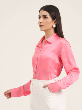 WOMEN'S PREMIUM BUBBLEGUM PINK REGULAR FIT SOLID SATIN SHIRT