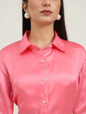 WOMEN'S PREMIUM BUBBLEGUM PINK REGULAR FIT SOLID SATIN SHIRT