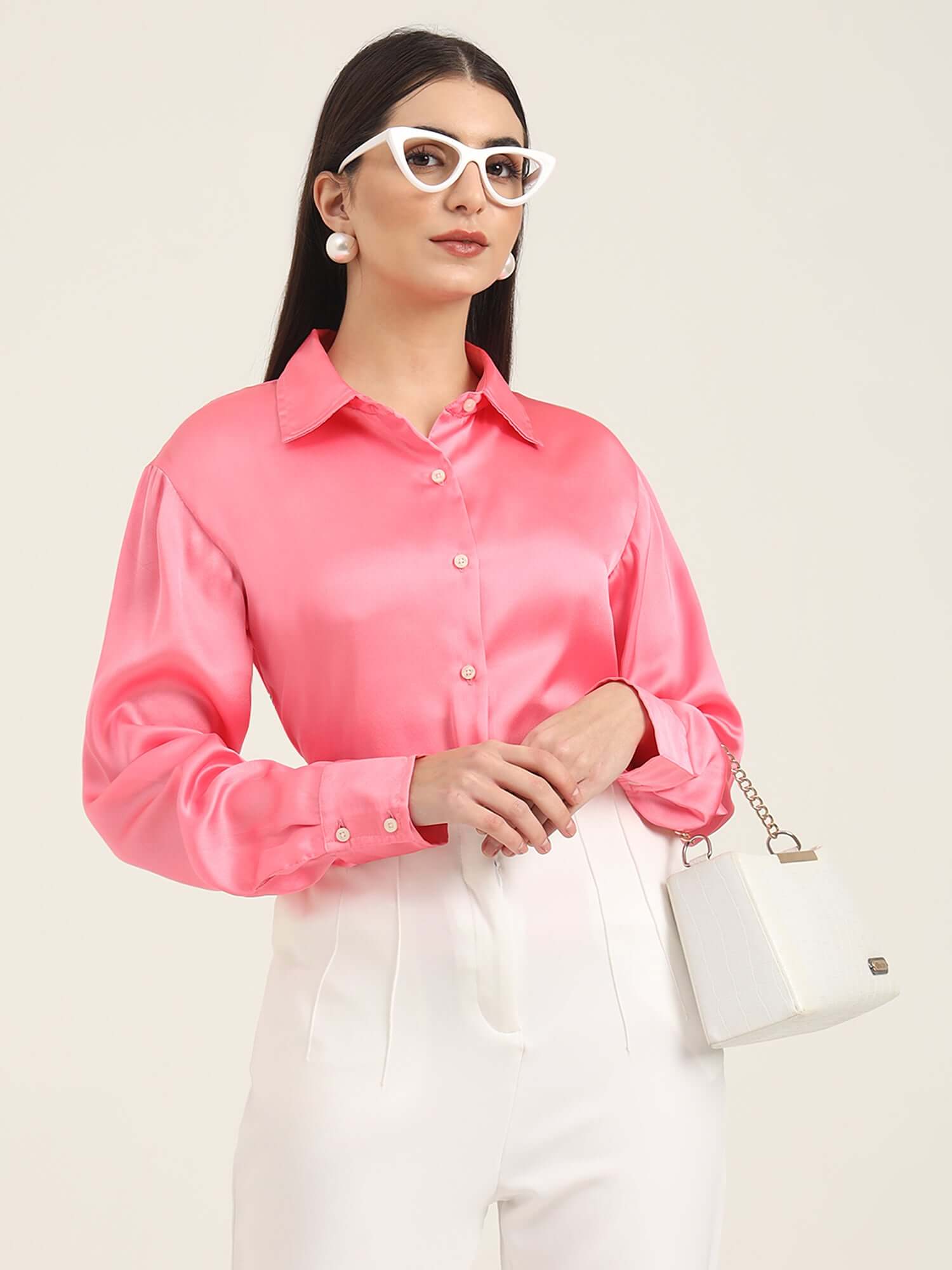 WOMEN'S PREMIUM BUBBLEGUM PINK REGULAR FIT SOLID SATIN SHIRT