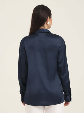 WOMEN'S PREMIUM NAVY REGULAR FIT SOLID SATIN SHIRT