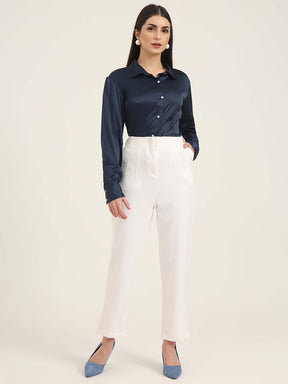 WOMEN'S PREMIUM NAVY REGULAR FIT SOLID SATIN SHIRT