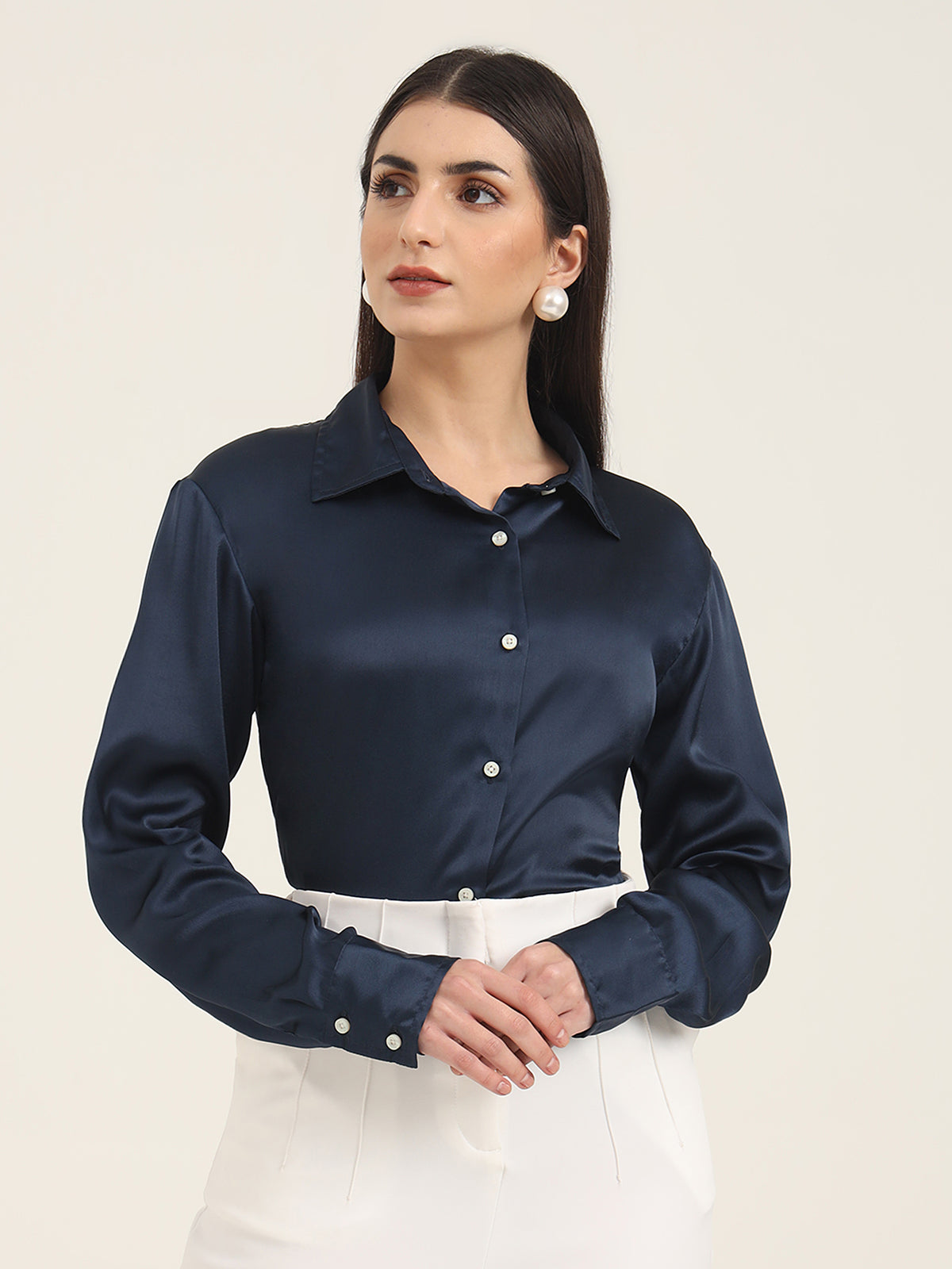 WOMEN'S PREMIUM NAVY REGULAR FIT SOLID SATIN SHIRT