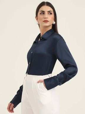 WOMEN'S PREMIUM NAVY REGULAR FIT SOLID SATIN SHIRT