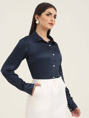 WOMEN'S PREMIUM NAVY REGULAR FIT SOLID SATIN SHIRT