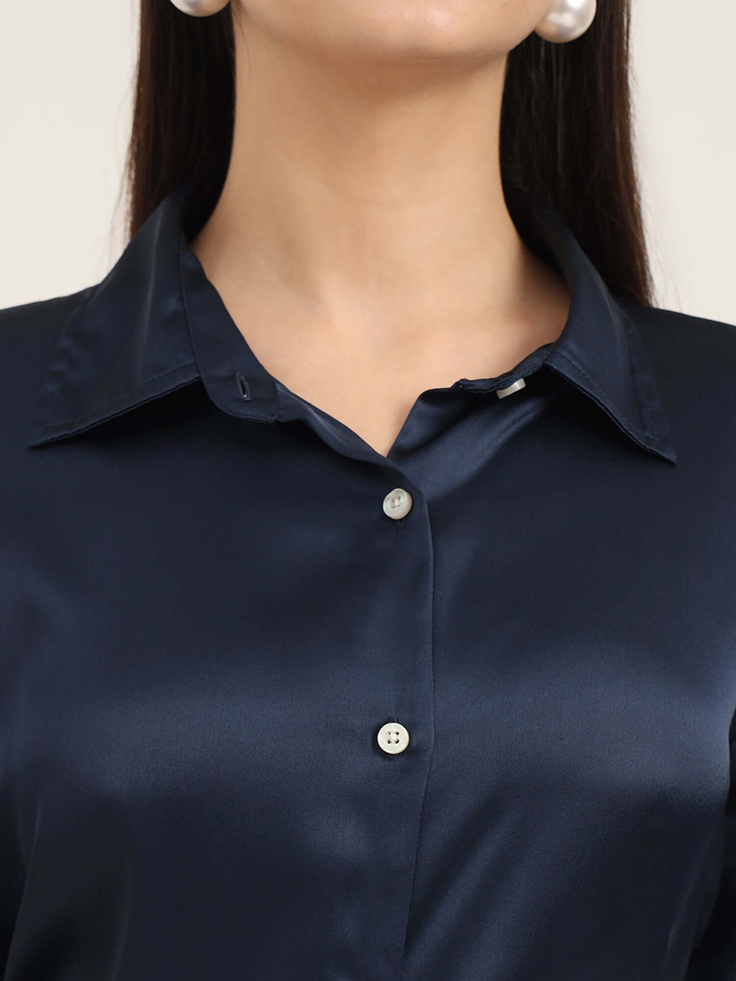 WOMEN'S PREMIUM NAVY REGULAR FIT SOLID SATIN SHIRT