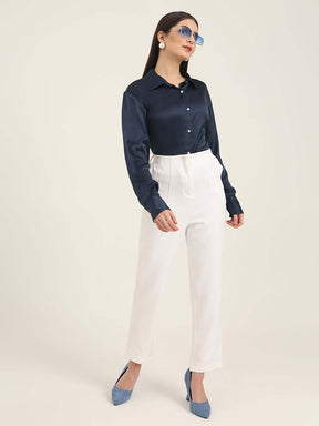 WOMEN'S PREMIUM NAVY REGULAR FIT SOLID SATIN SHIRT