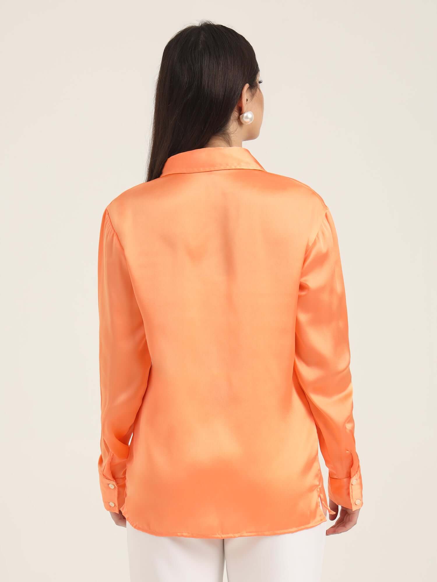 WOMEN'S PREMIUM CRIMSON ORANGE REGULAR FIT SOLID SATIN SHIRT