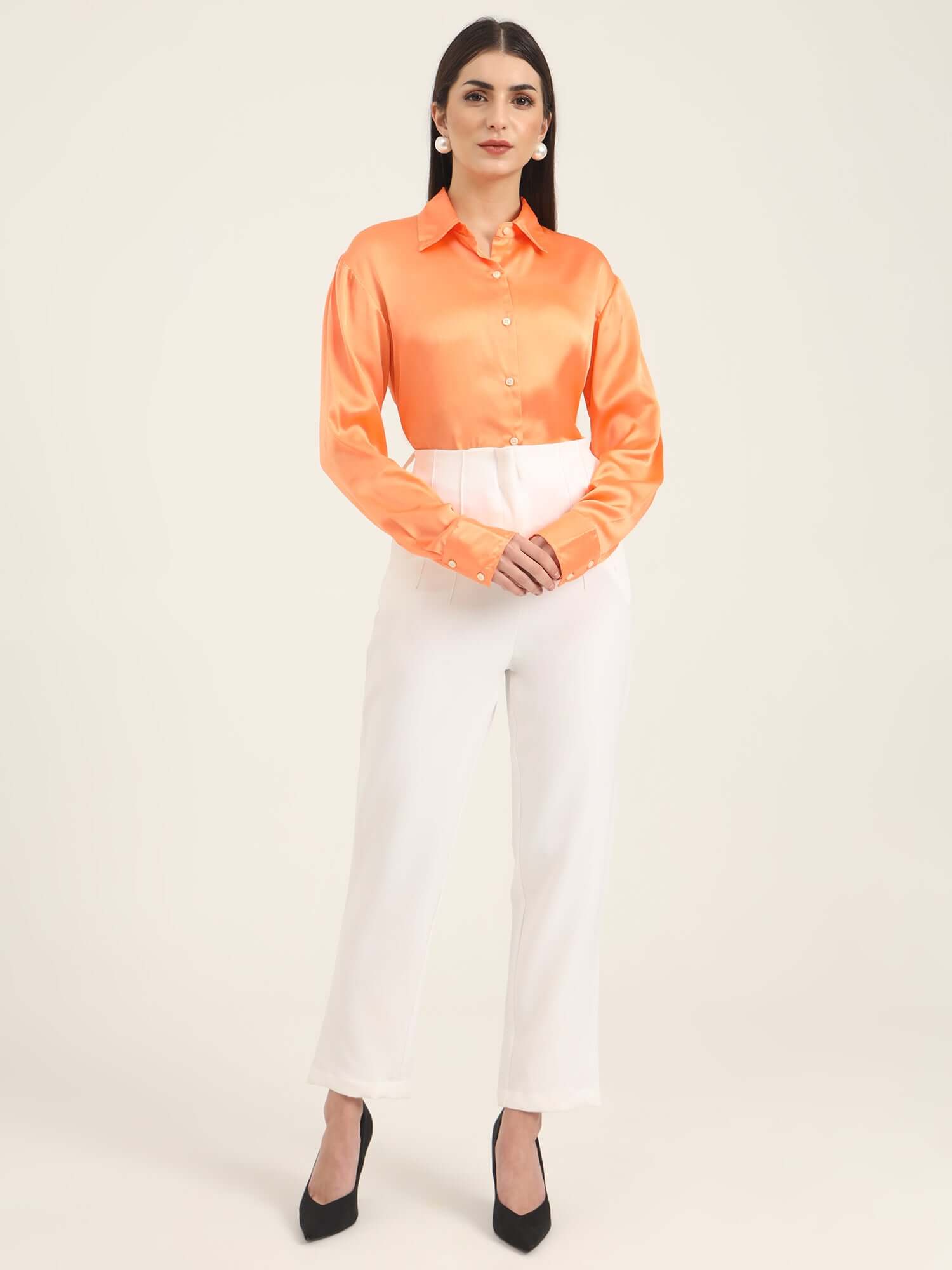 WOMEN'S PREMIUM CRIMSON ORANGE REGULAR FIT SOLID SATIN SHIRT