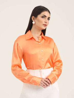 WOMEN'S PREMIUM CRIMSON ORANGE REGULAR FIT SOLID SATIN SHIRT