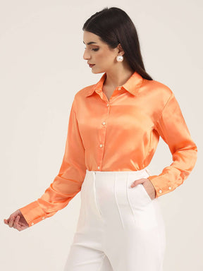 WOMEN'S PREMIUM CRIMSON ORANGE REGULAR FIT SOLID SATIN SHIRT