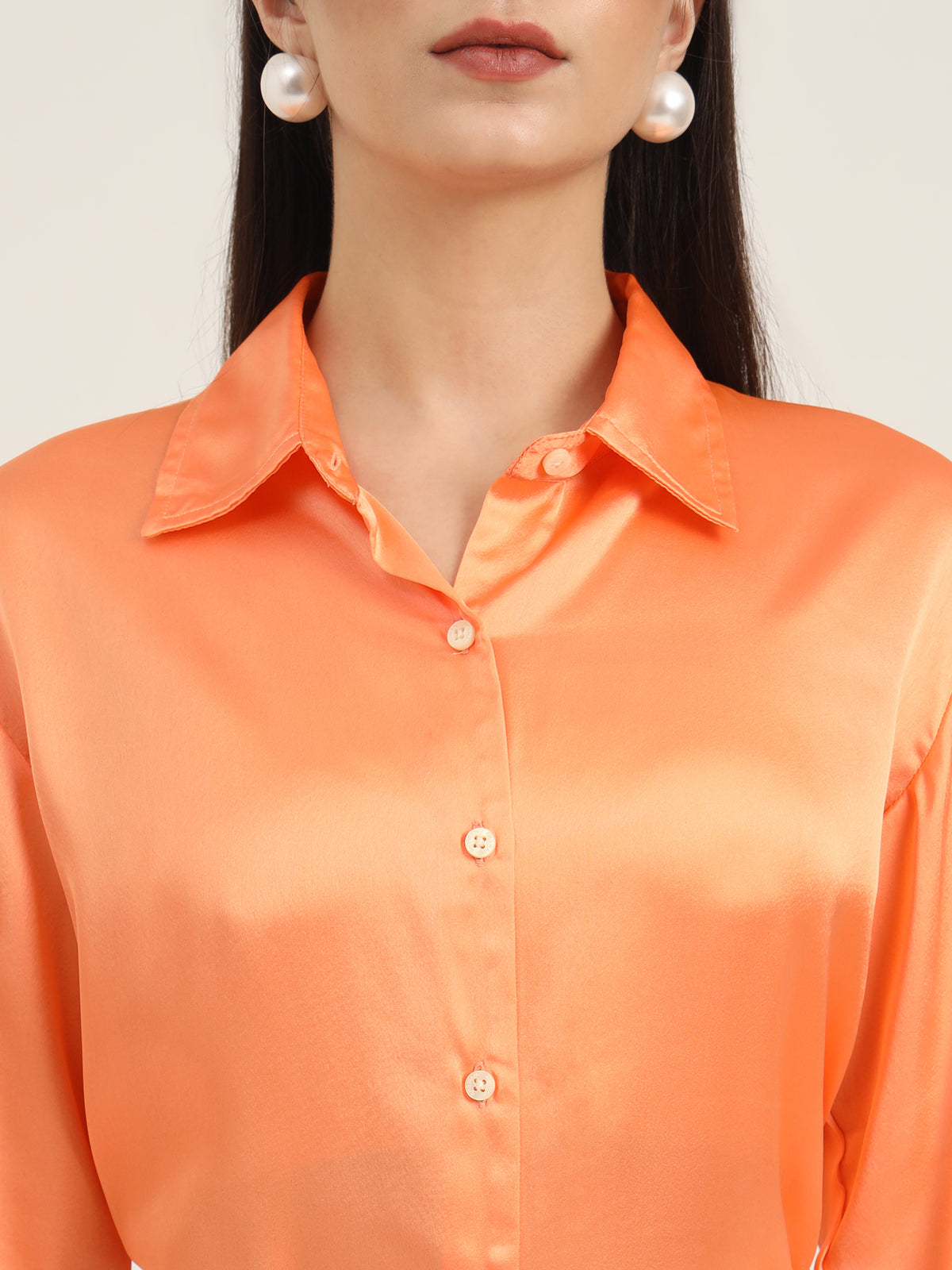 WOMEN'S PREMIUM CRIMSON ORANGE REGULAR FIT SOLID SATIN SHIRT