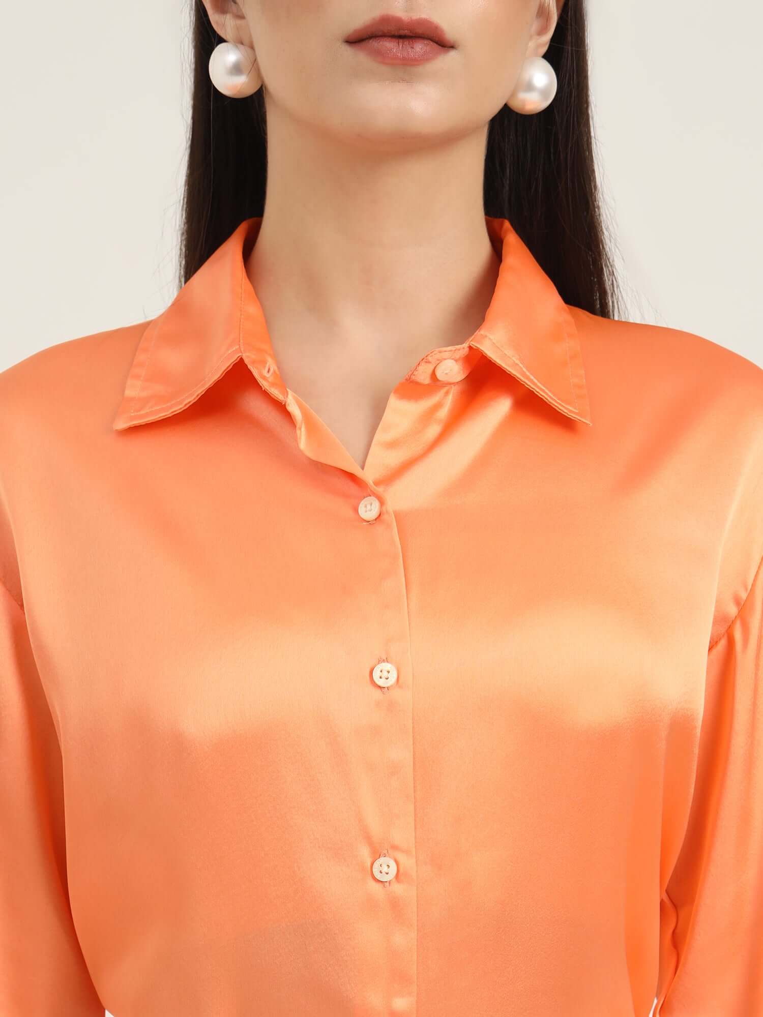 WOMEN'S PREMIUM CRIMSON ORANGE REGULAR FIT SOLID SATIN SHIRT