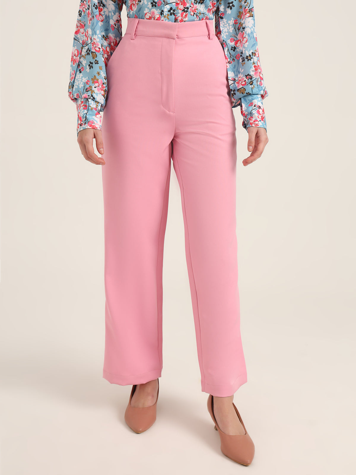 WOMEN'S LUXURY BANANA CREPE ROSE PINK STRAIGHT FIT WITH FLAP POCKET TROUSER