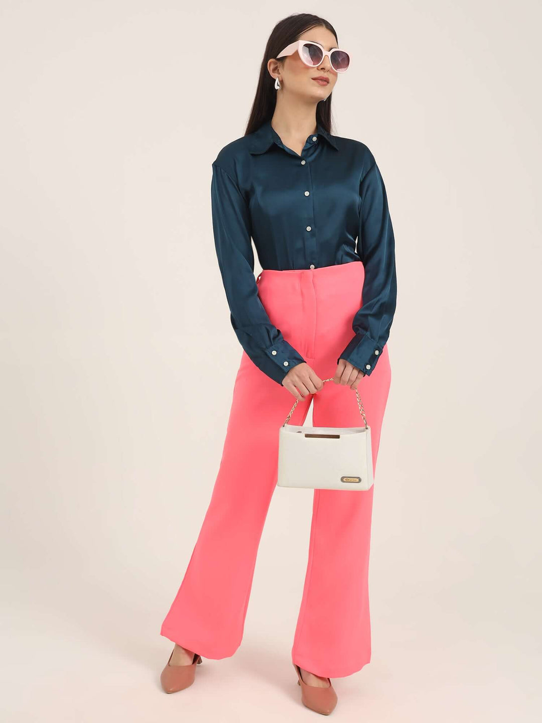 Women'S Luxury Banana Crepe Hot Pink Flared Trouser With Slash Pocket