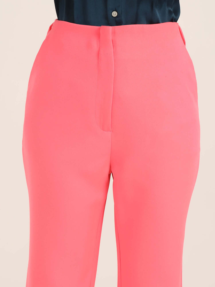 Women'S Luxury Banana Crepe Hot Pink Flared Trouser With Slash Pocket