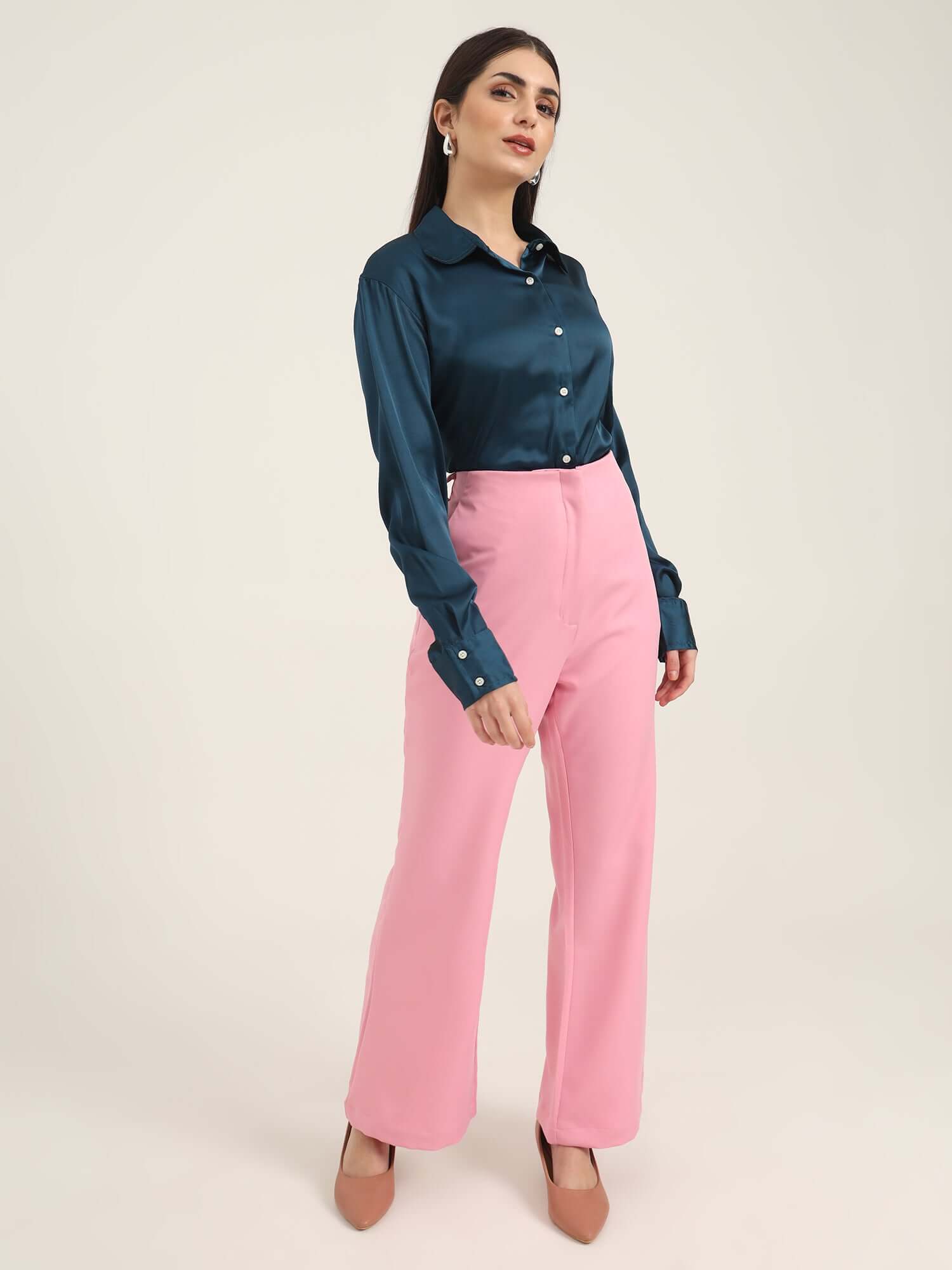 WOMEN'S LUXURY BANANA CREPE ROSE PINK FLARED TROUSER WITH SLASH POCKET