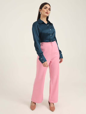 WOMEN'S LUXURY BANANA CREPE ROSE PINK FLARED TROUSER WITH SLASH POCKET