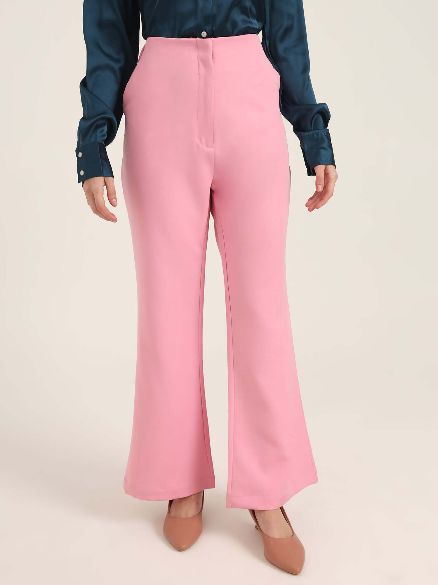 WOMEN'S LUXURY BANANA CREPE ROSE PINK FLARED TROUSER WITH SLASH POCKET